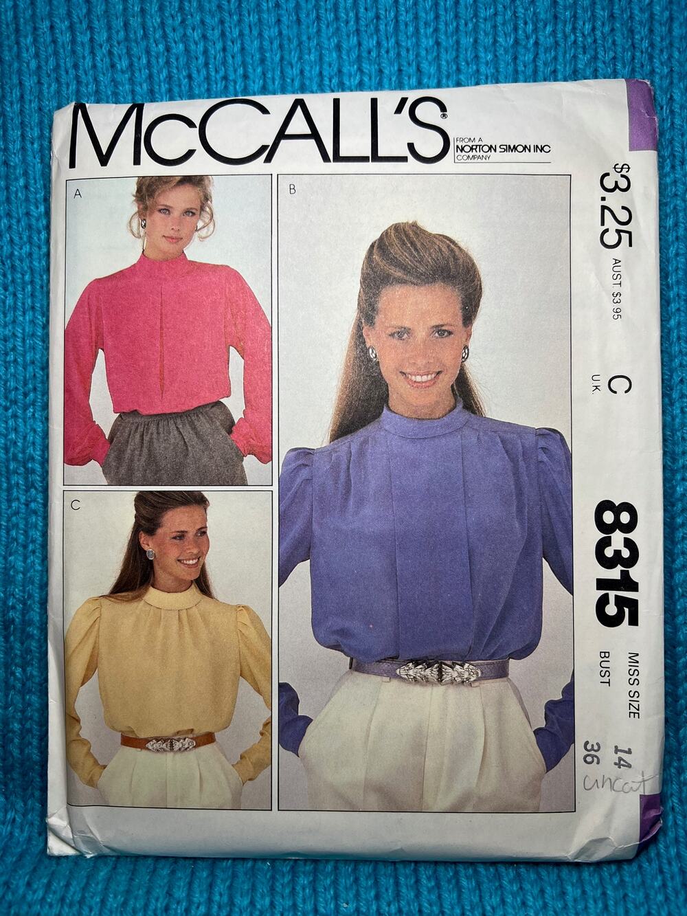 McCalls 8315 Sewing pattern blouse pleat front 1980s size 14